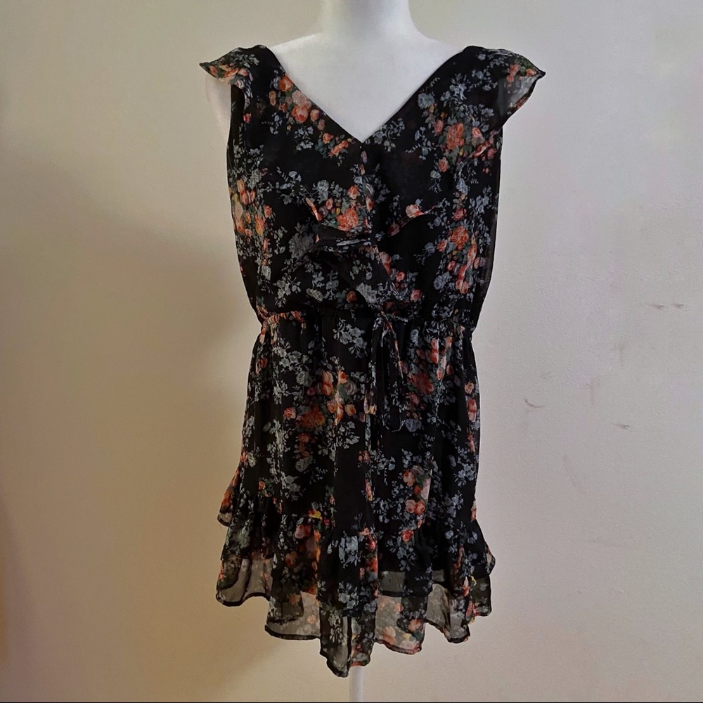 Boho ruffled romantic navy blue rose print spring summer dress